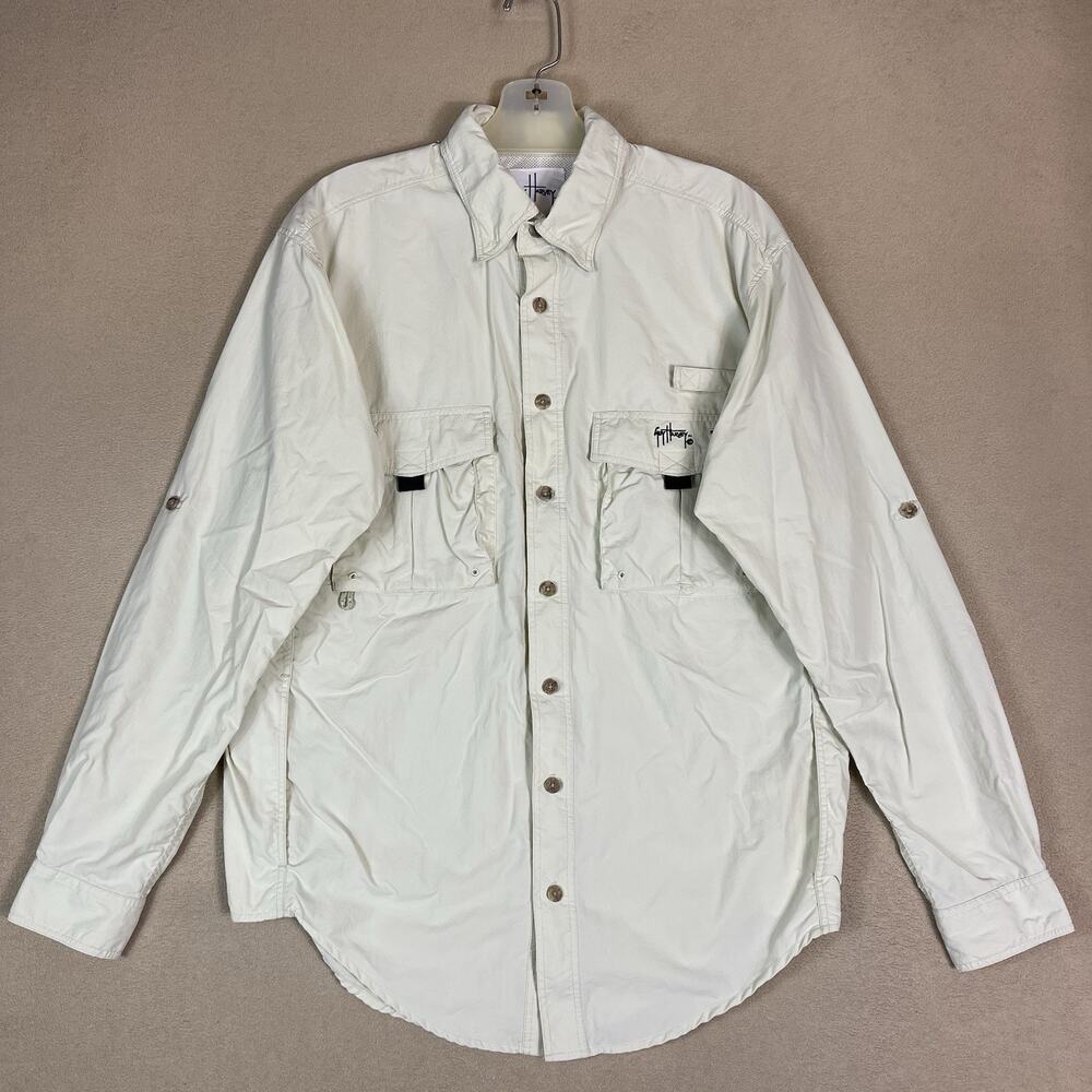Guy Harvey Aftco Shirt‎ Mens S Ivory Long Sleeve Fishing Wented Embroidered